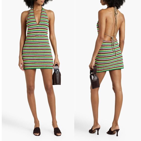Frame x Julia Sarr Jamois Pink Green Striped Crochet‎ Halter Mini Dress Size M - Picture 10 of 11